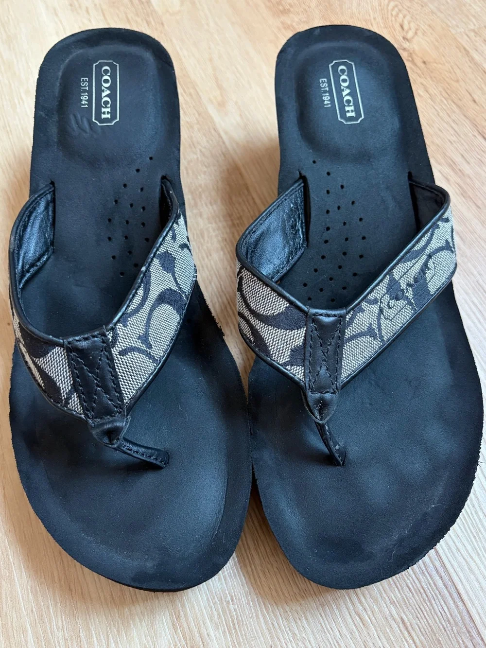 Coach Wedge Sandals Black Tan Signature Canvas Jaicee C logo size 10
